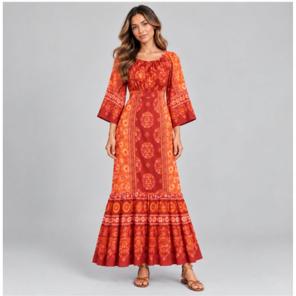 FARM Rio Anthropologie Combuco Maxi Dress M Cutout Boho Tropical Red Orange